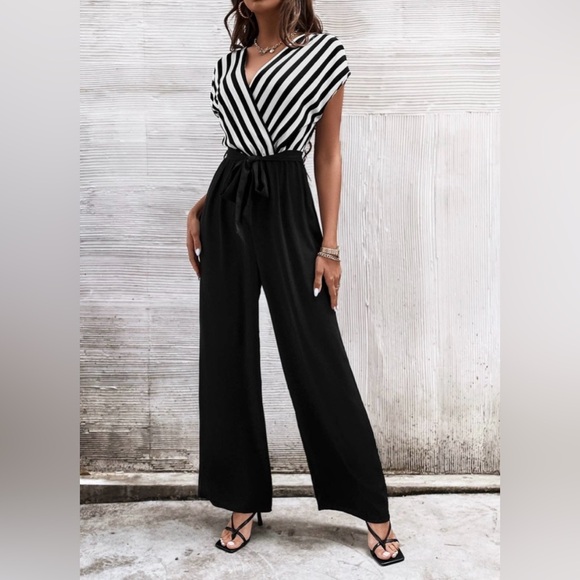 Vertical Striped Batwing Sleeve Wide Leg Jumpsuit - Picture 1 of 10
